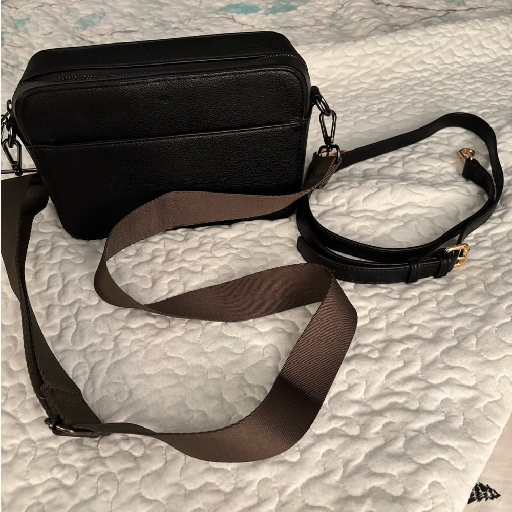 Black Crossbody Bag with Brown Strap